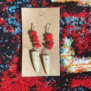 Real Natural Red Coral Deer Antler Earrings